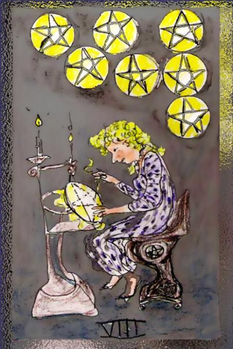 8 of Pentacles; pencil,colored pencil, inde card;phoshopt;2005-2009